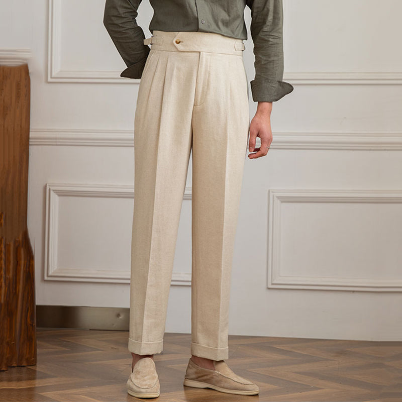 Regular Fit High Waist Linen-Cotton Blend Pleated Trousers