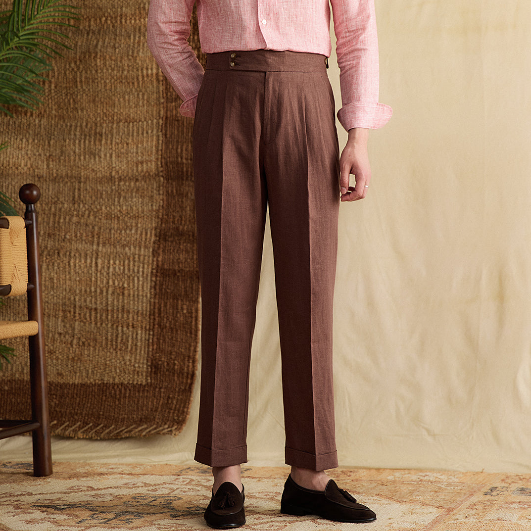 Regular Fit High Waist Linen-Cotton Pleated Trousers