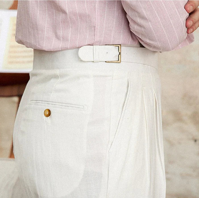 Regular Fit High Waist Linen-Cotton Blend Pleated Trousers