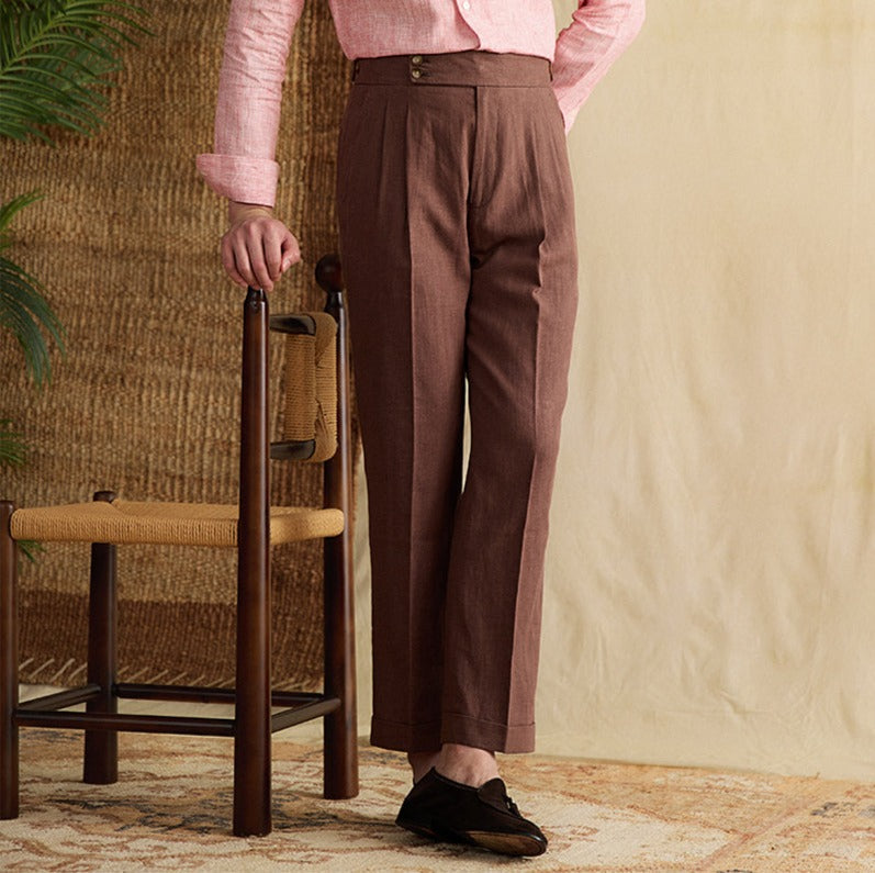 Regular Fit High Waist Linen-Cotton Pleated Trousers