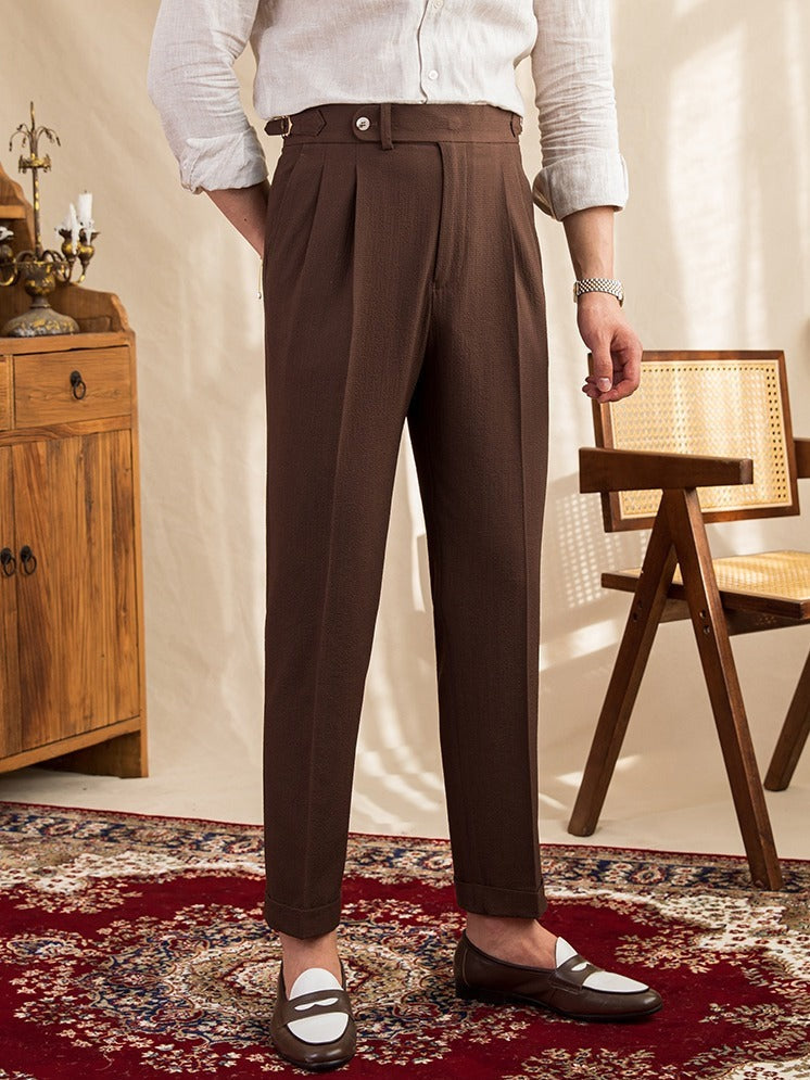 Regular Fit High Waist Seersucker Pleated Trousers