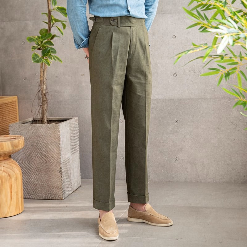 Regular Fit High Waist Cotton Twill Pleated Trousers