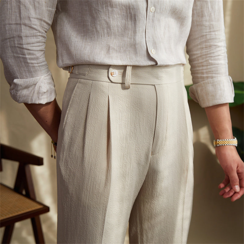 Regular Fit High Waist Seersucker Pleated Trousers