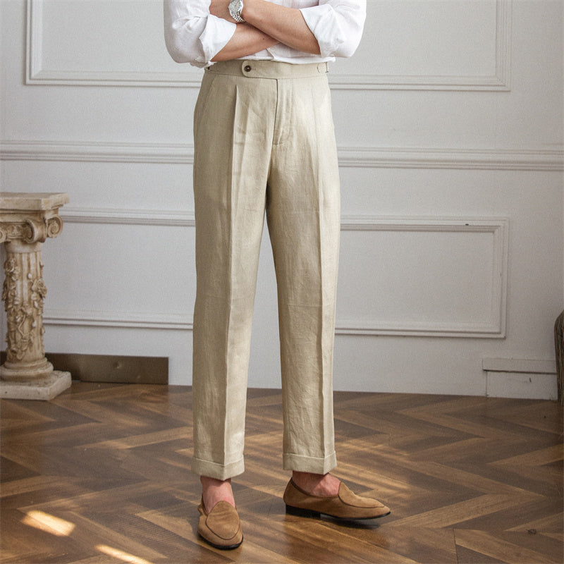 Regular Fit High Waist 100% Linen Pleated Trousers