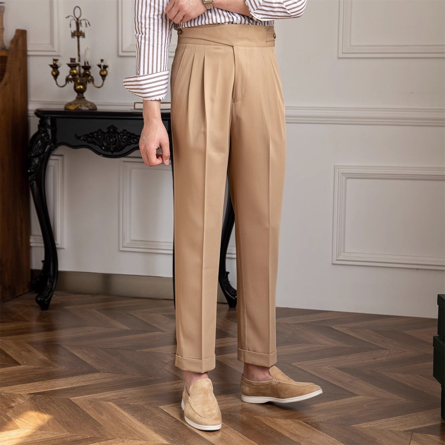 Regular Fit High Waist Polyester Pleated Trousers