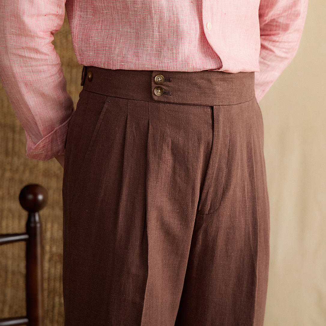 Regular Fit High Waist Linen-Cotton Pleated Trousers