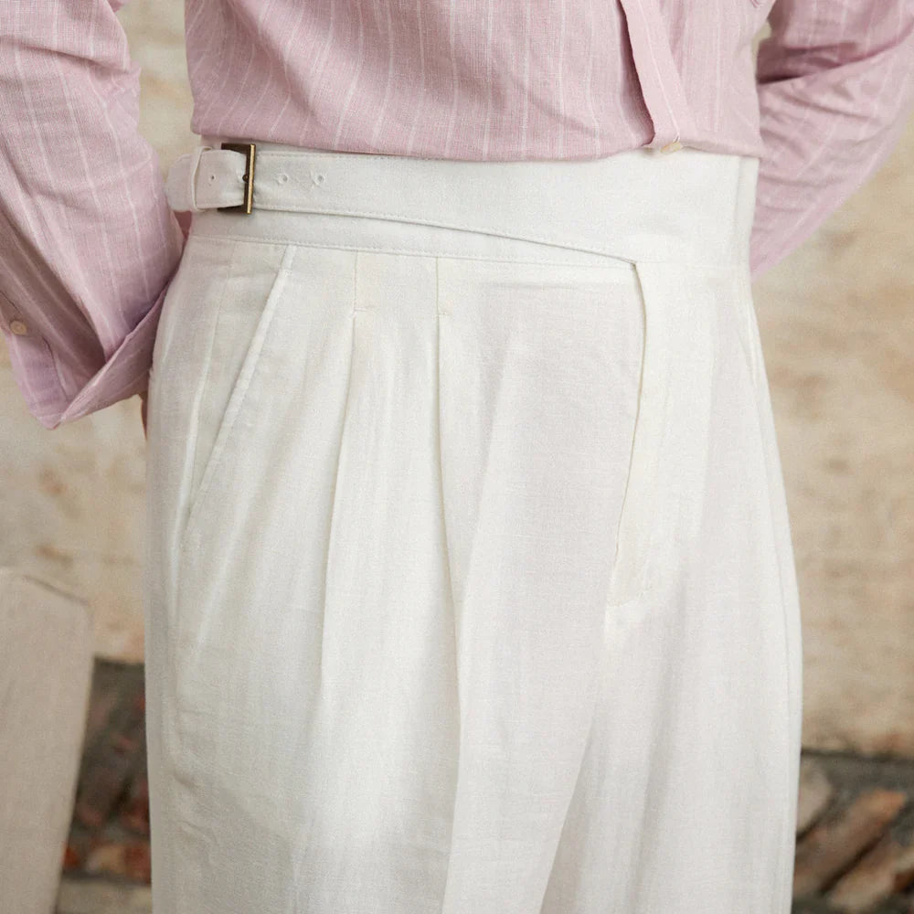 Regular Fit High Waist Linen-Cotton Blend Pleated Trousers