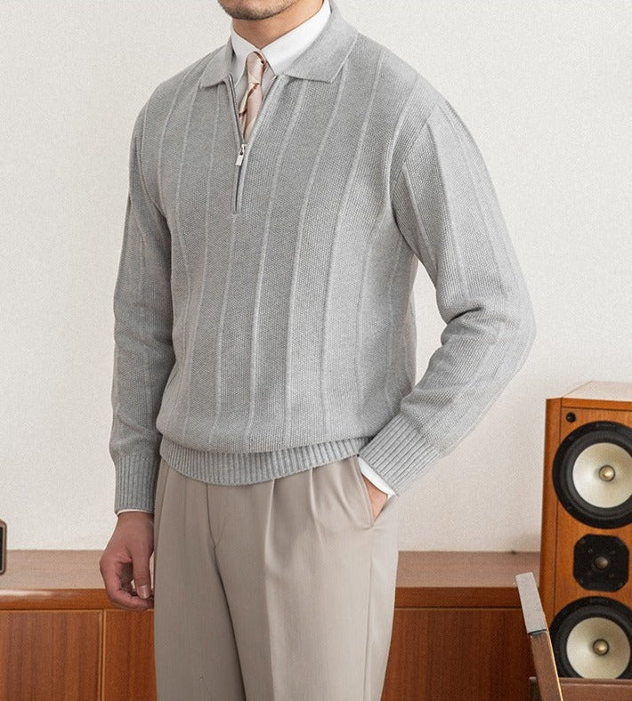 Pleated Elegance Polo Half Zip Knitted Sweater