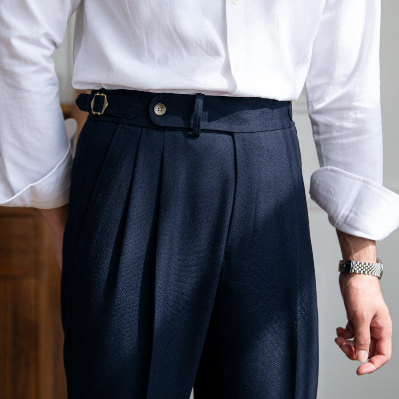 Navy Blue Slim Fit High Waist Pleated Trousers