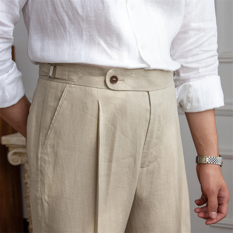 Regular Fit High Waist 100% Linen Pleated Trousers