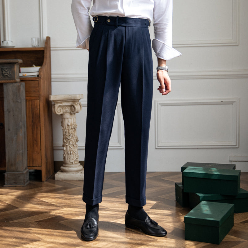 Navy Blue Slim Fit High Waist Pleated Trousers