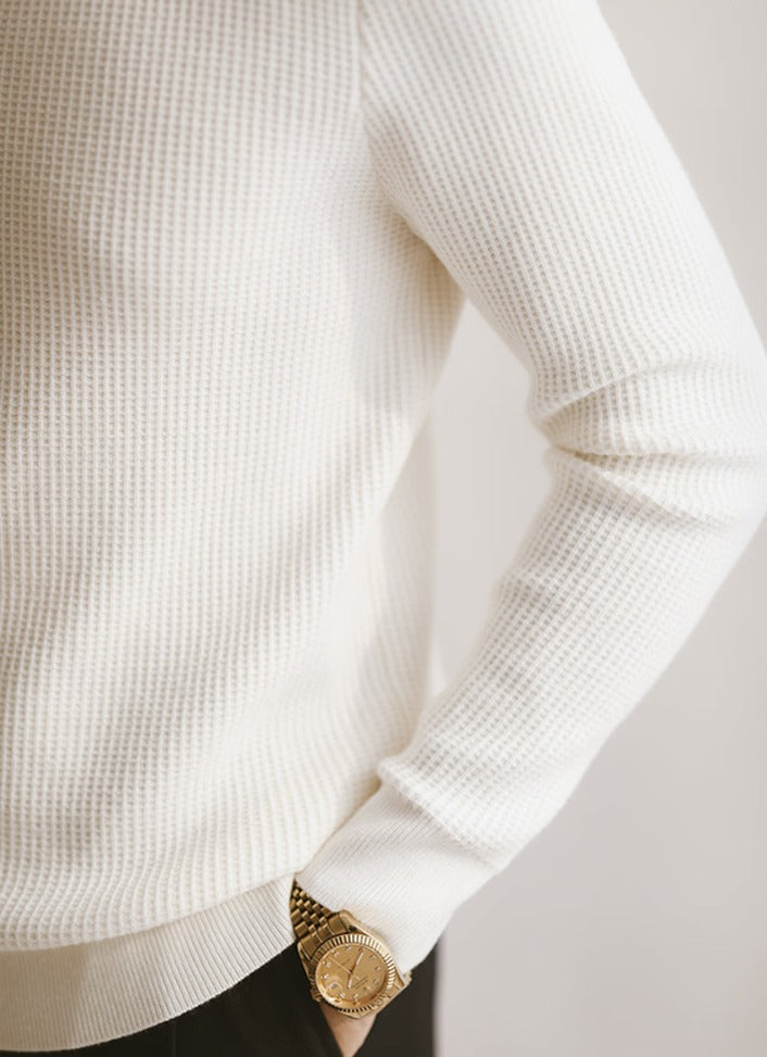 Textured Buttonless Knit Long Sleeve Polo Shirt