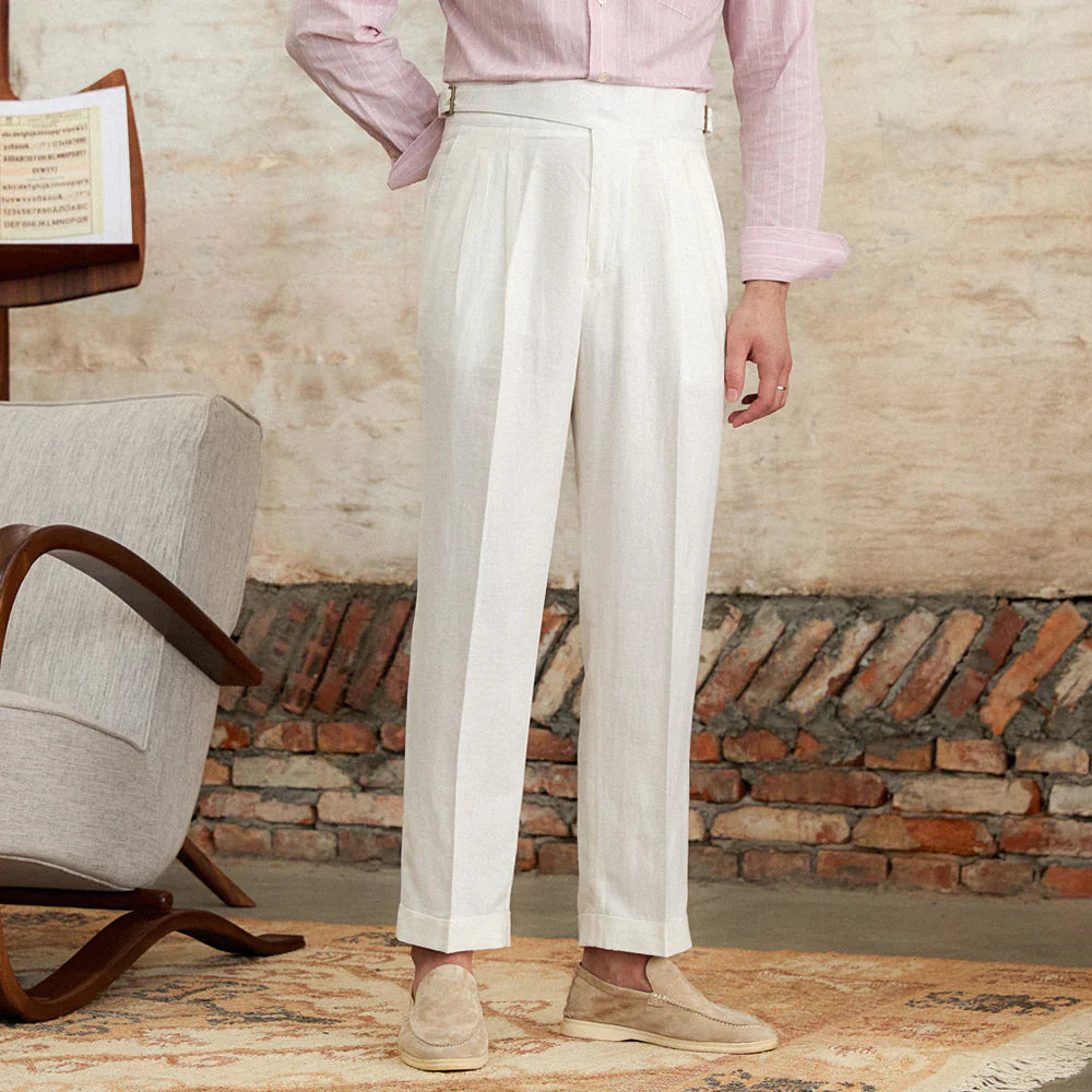 Regular Fit High Waist Linen-Cotton Blend Pleated Trousers