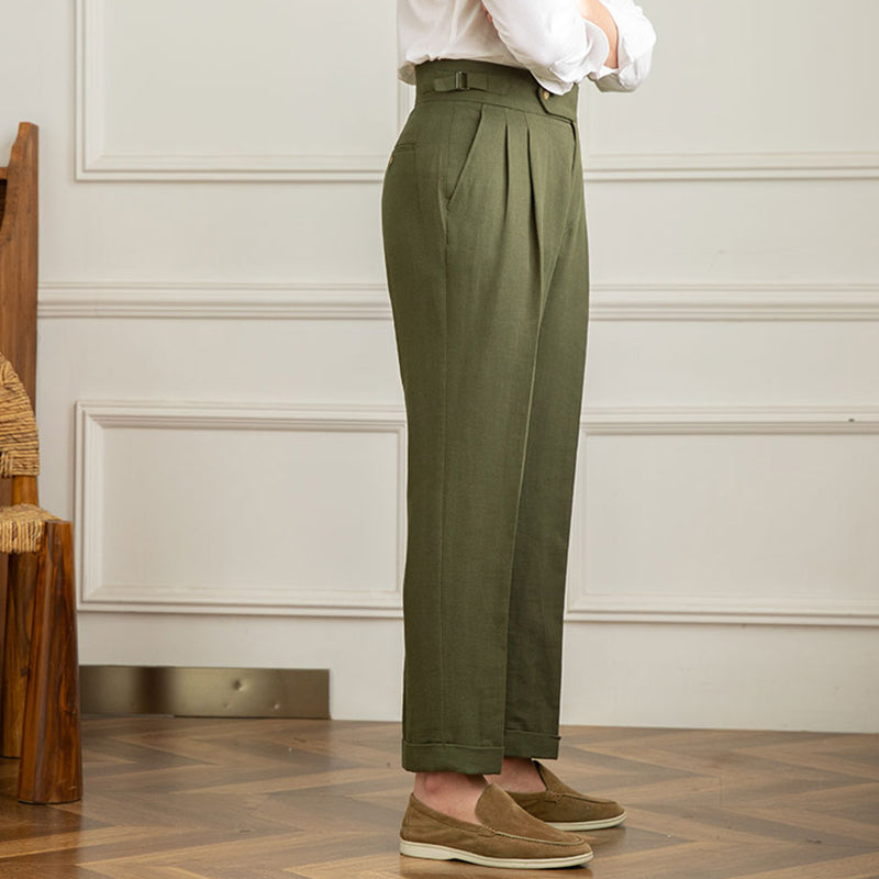 Regular Fit High Waist Linen-Cotton Blend Pleated Trousers