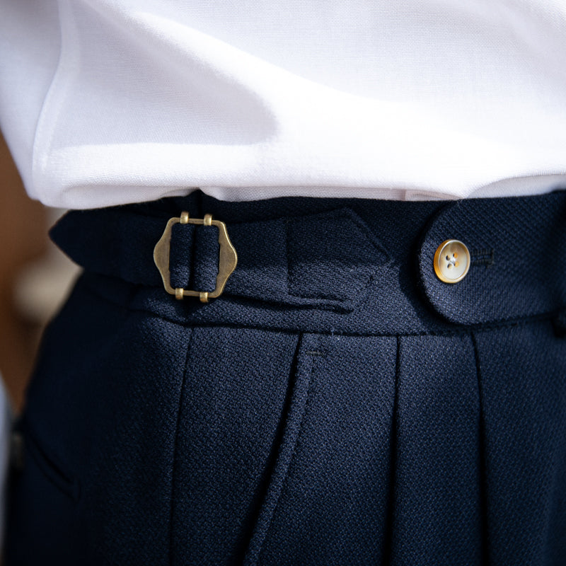 Navy Blue Slim Fit High Waist Pleated Trousers