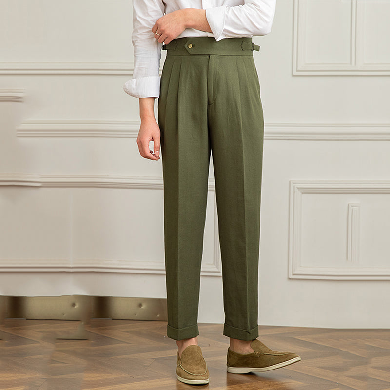 Regular Fit High Waist Linen-Cotton Blend Pleated Trousers