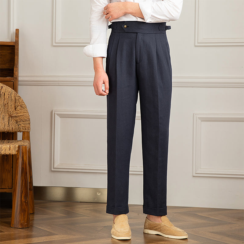 Regular Fit High Waist Linen-Cotton Blend Pleated Trousers