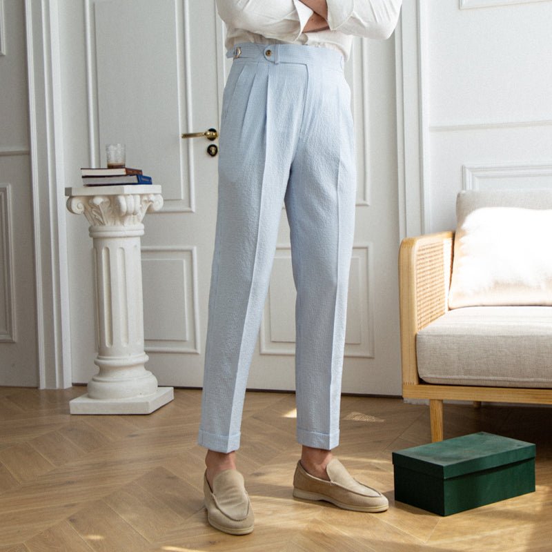 Soft Blue Regular Fit High Waist Seersucker Pleated Trousers