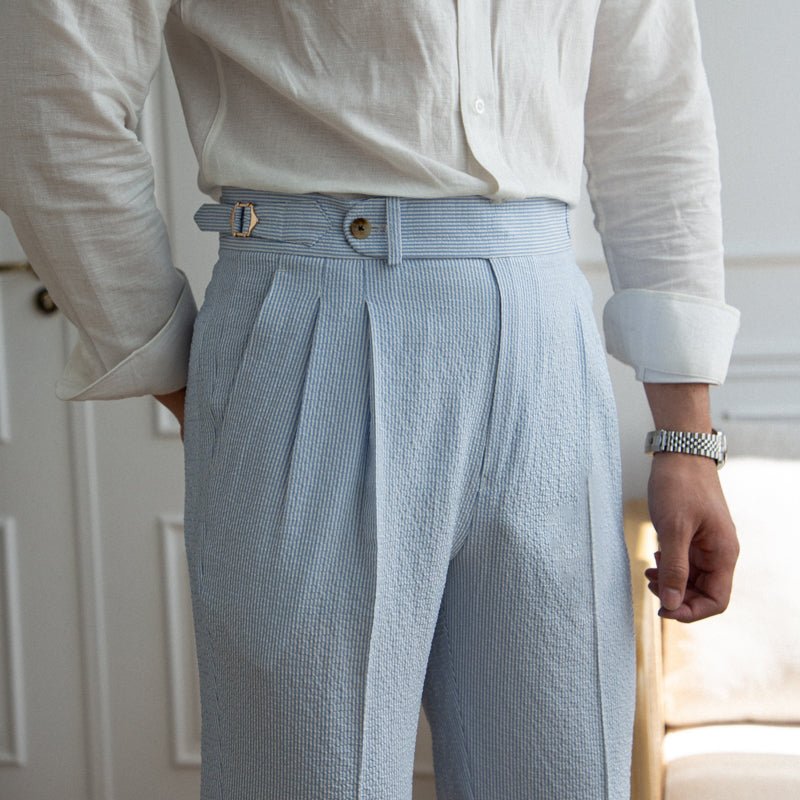 Soft Blue Regular Fit High Waist Seersucker Pleated Trousers