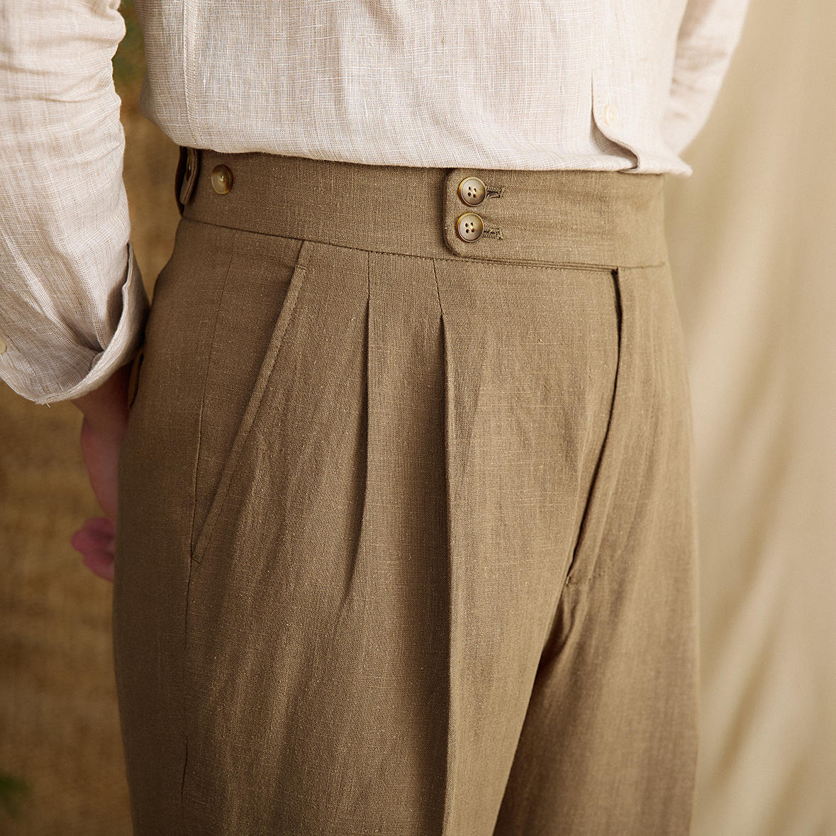 Regular Fit High Waist Linen-Cotton Pleated Trousers