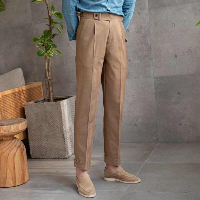 Regular Fit High Waist Cotton Twill Pleated Trousers