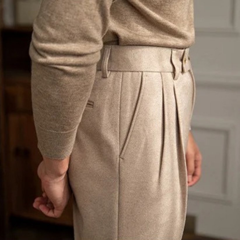 Sandstone Regular Fit High Waist Wool Felt Pleated Trousers